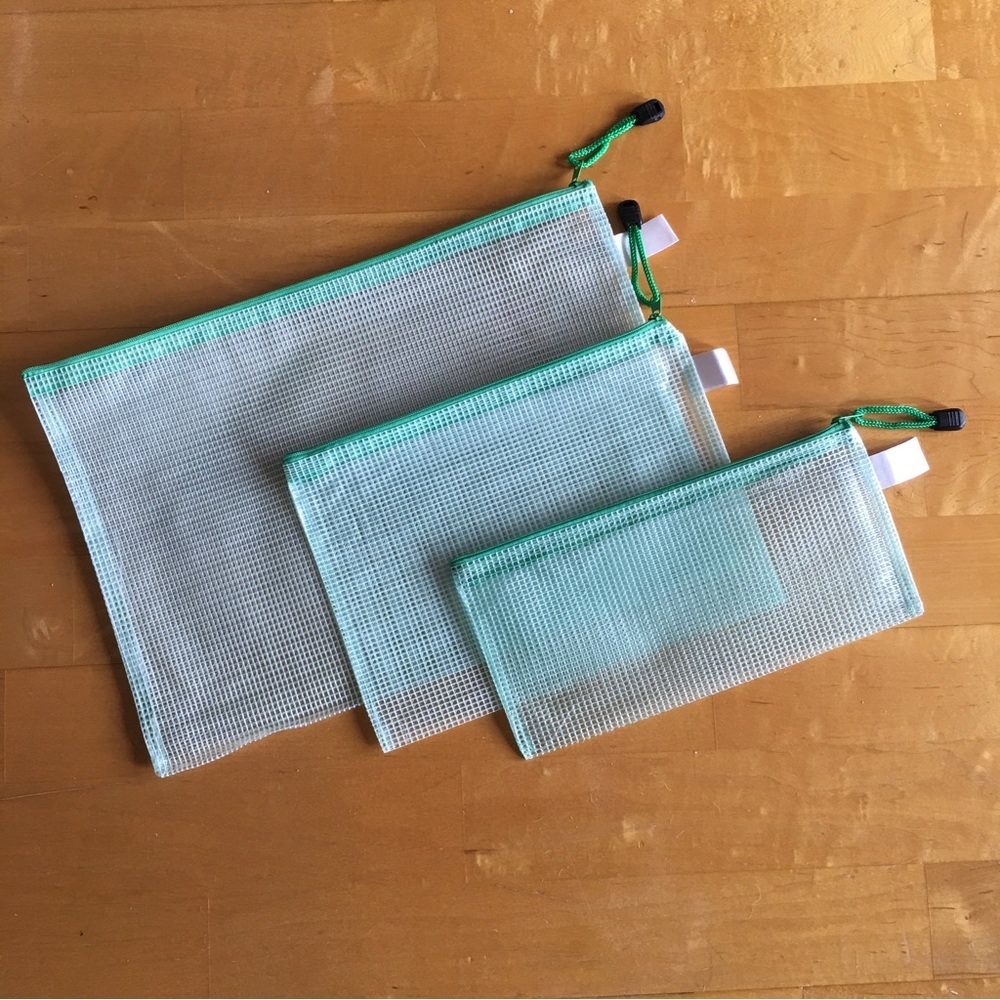 Set/3 Waterproof GREEN Document Zipper Travel Pouches, File Organizers, Clear
